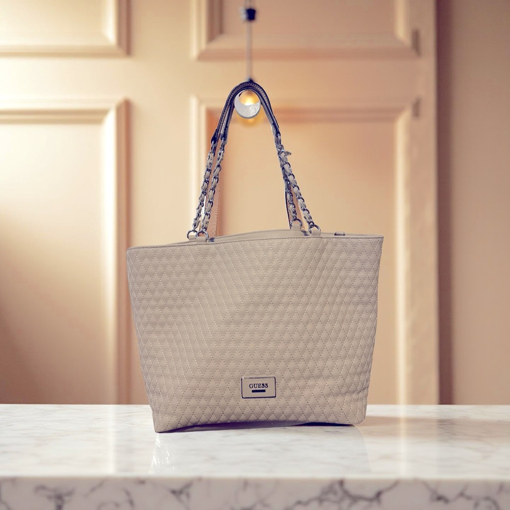 GUESS Cream Quilted Tote Bag